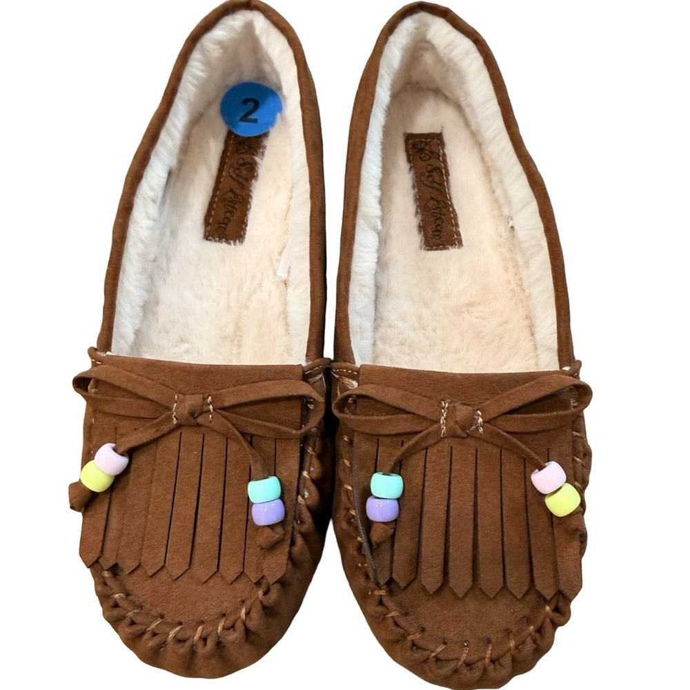 Self Esteem Girls Moccasin Slippers Brown Faux Fur Lined Fringe NWT Sz 2